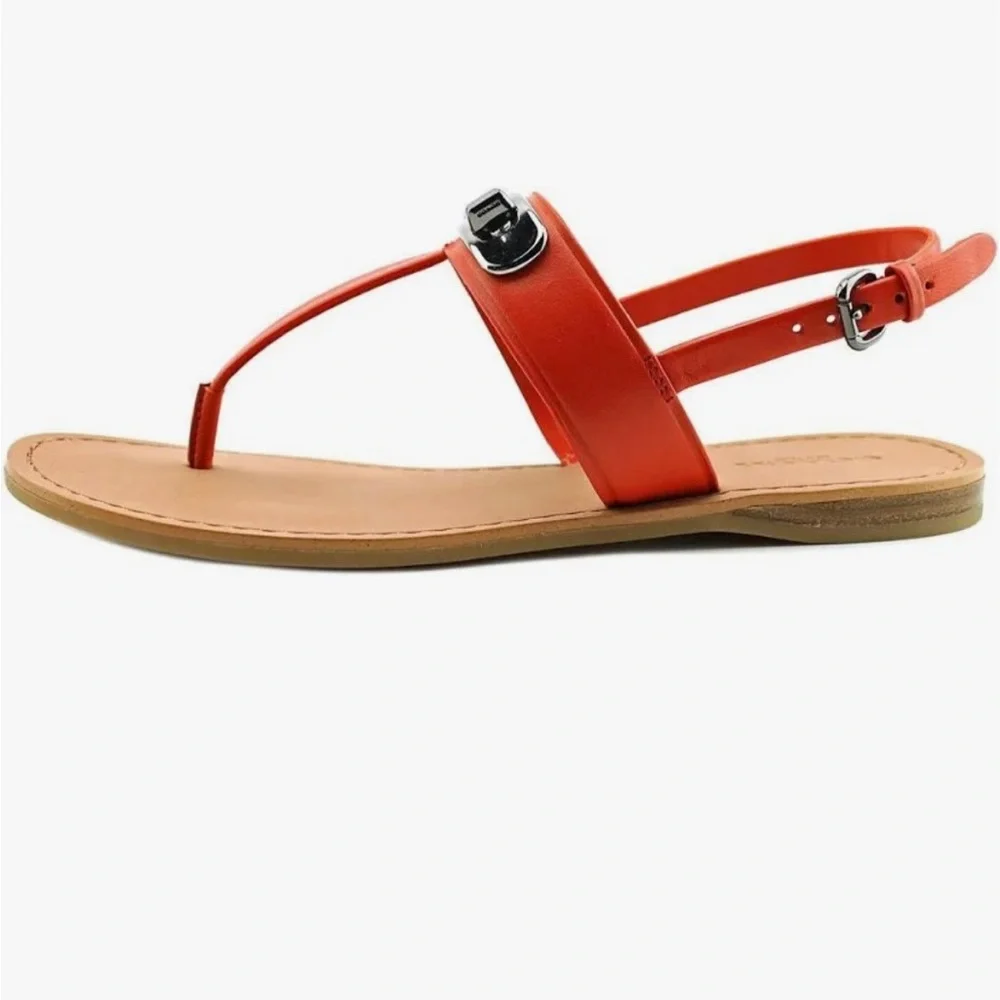 Coach Gracie Swagger Orange-Rust Orange Turn Lock Leather T Strap Sandals. - Picture 6 of 14